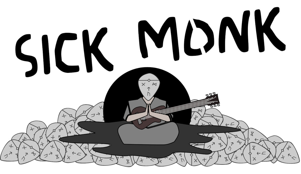 Sick Monk logo with sick monk sitting in front of black moon playing guitar